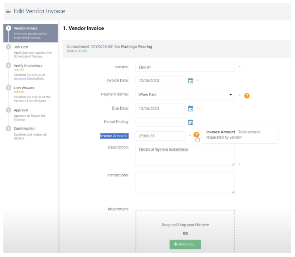 Subtotal and Warning Message for Vendor Invoices
